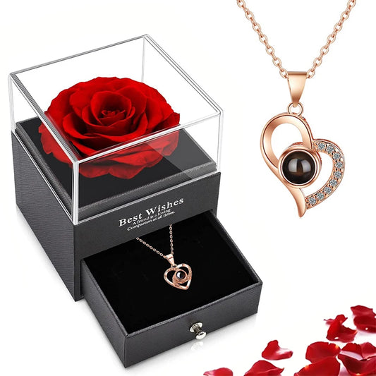 Rose Gift Box 100 Languages I Love You Heart Pendant Jewelry Gift For Her